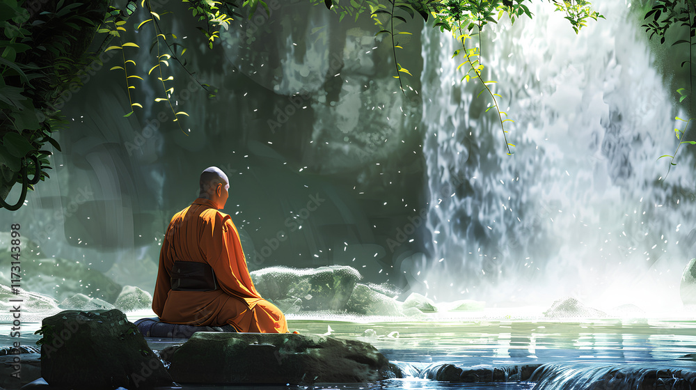 a monk meditating at a waterfall a monk meditating at a waterfall