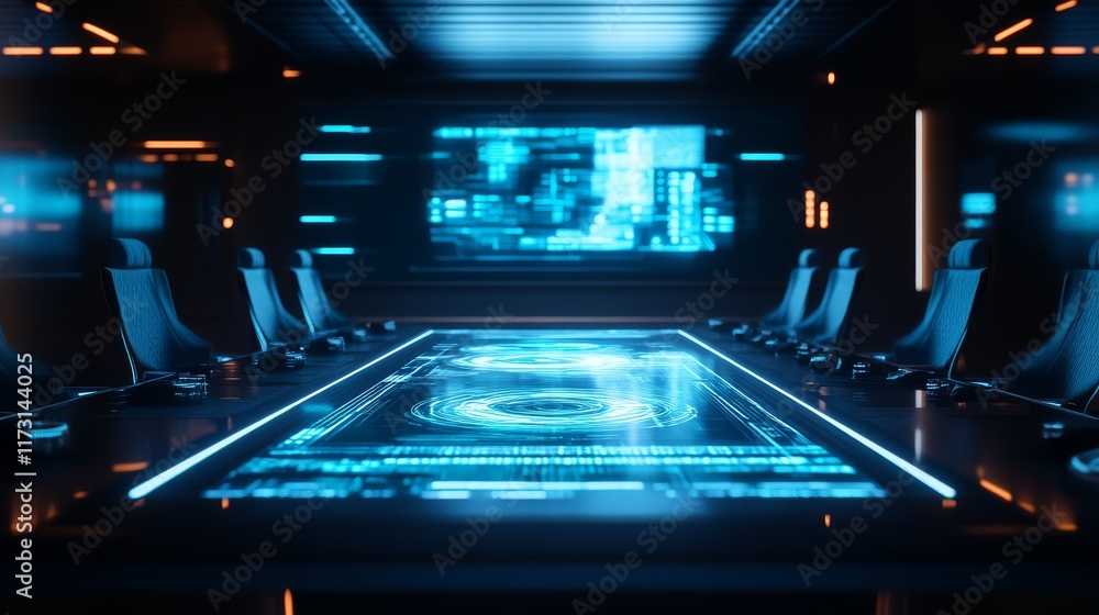 Obraz premium A futuristic conference room with a glowing table and digital screens, showcasing advanced technology and a sleek design.