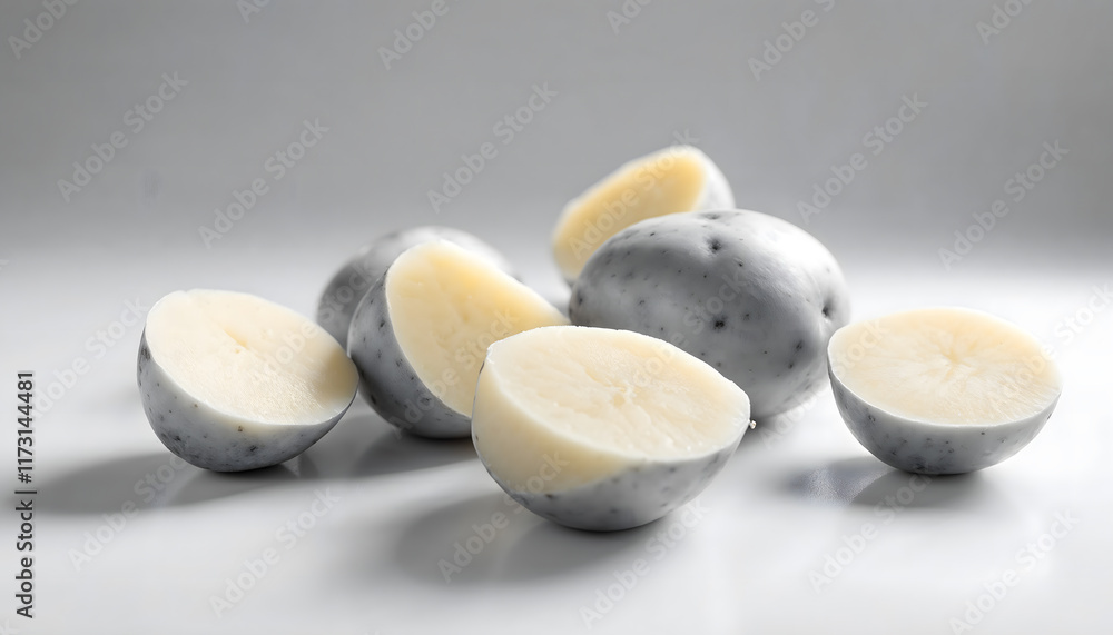 An assortment of whole and sliced potatoes arranged on a white background, showcasing their natural texture and color. This image is perfect for culinary themes, healthy eating, and food photography An assortment of whole and sliced potatoes arranged on a white background, showcasing their natural texture and color. This image is perfect for culinary themes, healthy eating, and food photography
