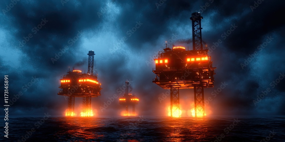 An atmospheric scene featuring illuminated oil rigs standing in turbulent waters under a stormy sky. An atmospheric scene featuring illuminated oil rigs standing in turbulent waters under a stormy sky.