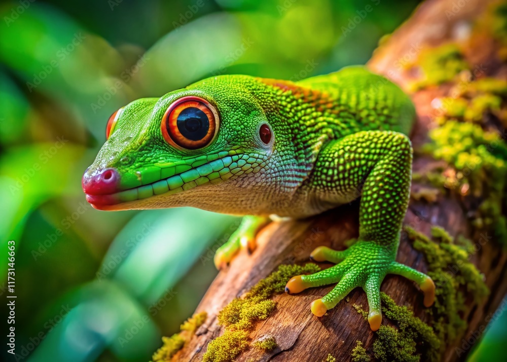 Close-up of a Gecko on a Tree Branch: Vibrant Green Reptile on Wood Close-up of a Gecko on a Tree Branch: Vibrant Green Reptile on Wood