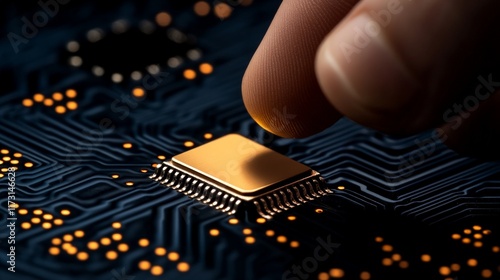 The Heart of Innovation: Close-up of a finger delicately placing a gold microchip onto a complex circuit board, highlighting the intricate detail and precision of modern technology.   photo