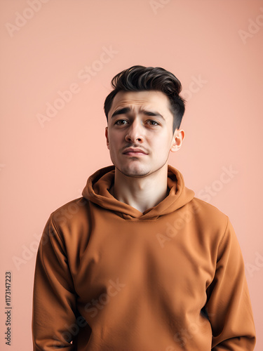 young handosme man feeling sad and whiney with an unhappy look, crying with a negative and frustrated attitude against flat color wall photo