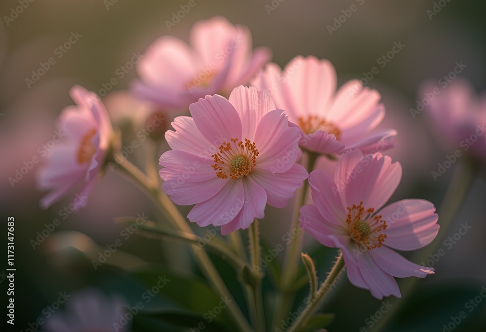Pink cosmos flowers glowing in soft sunlight Pink cosmos flowers glowing in soft sunlight