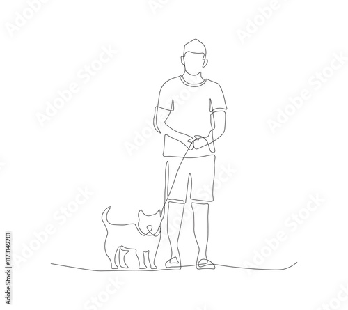 Man Walking Dog Continuous Line Art Illustration.  Dog on a leash with his owner. Black linear sketch isolated on white background. Vector illustration.