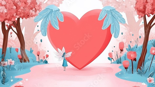 Fairy in whimsical floral landscape, gazing at giant heart