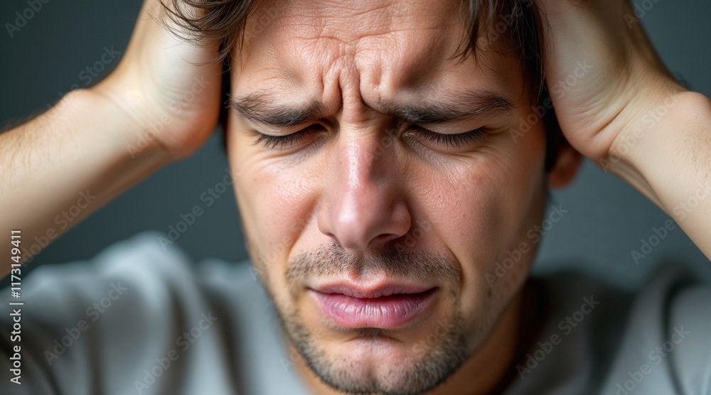 Young man experiencing headache with strained expression and hands on his head Young man experiencing headache with strained expression and hands on his head