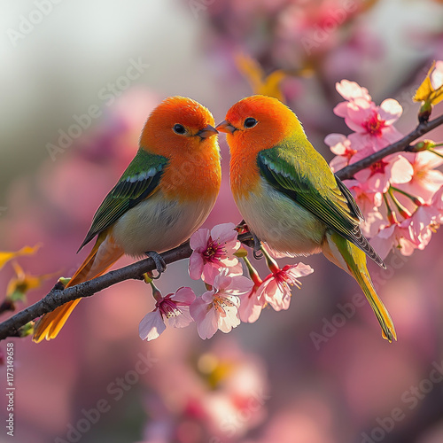 Birds kissing on cherry blossom branch, spring background, romance greeting card