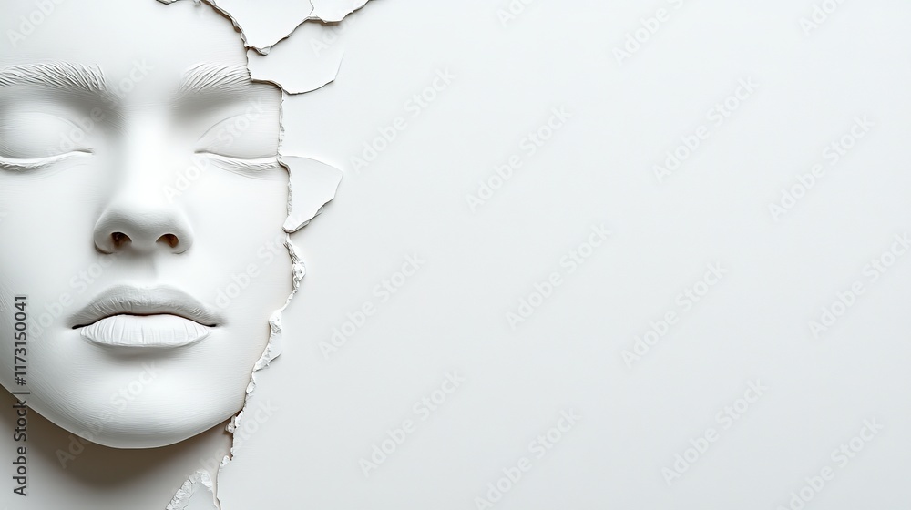 Abstract Portrait: A captivating minimalist composition of a sculpted face emerging from a cracked white surface, creating a sense of mystery and intrigue. Abstract Portrait: A captivating minimalist composition of a sculpted face emerging from a cracked white surface, creating a sense of mystery and intrigue.
