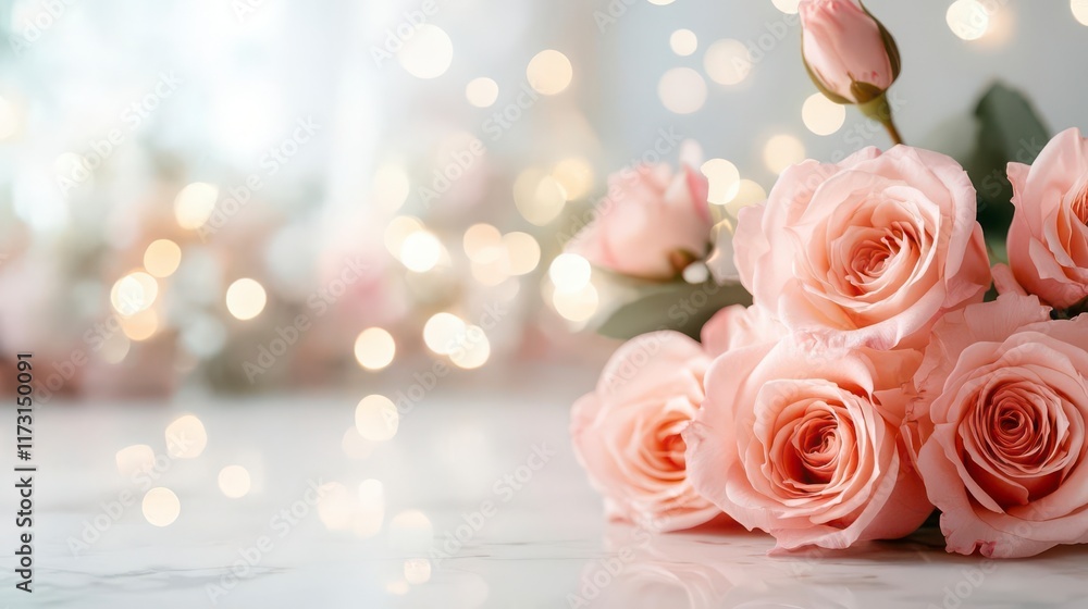 Delicate peach roses on marble, soft bokeh background. Romantic floral image. Delicate peach roses on marble, soft bokeh background. Romantic floral image.