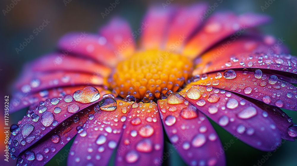 Obraz premium A vibrant yellow daisy petal covered in tiny raindrops, with the droplets reflecting the surrounding greenery in sharp detail.