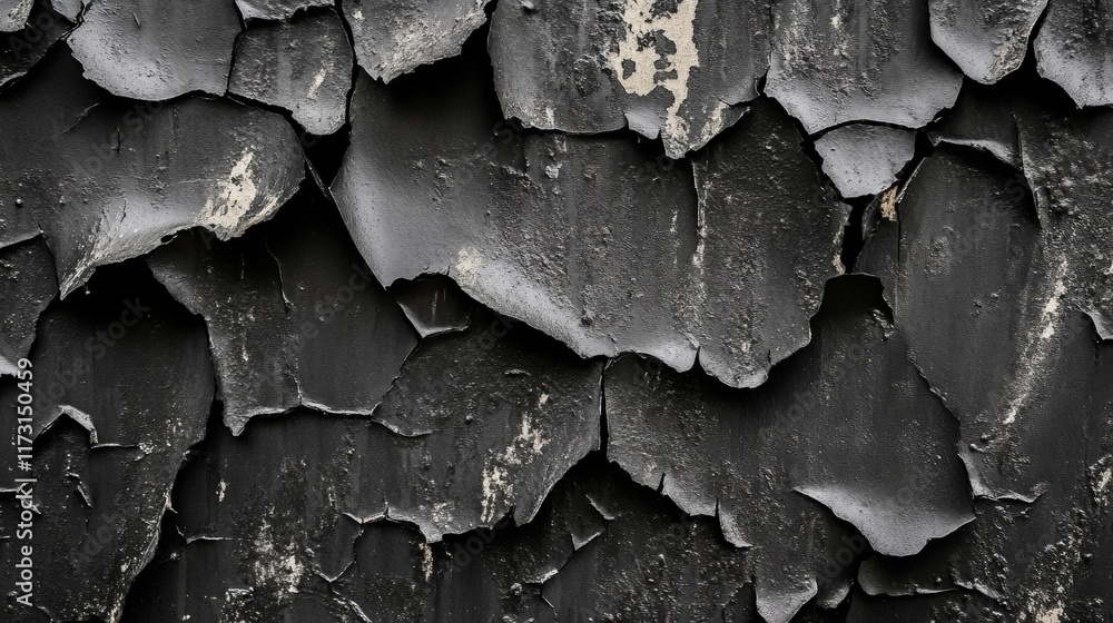 Close-up of dark, peeling paint texture on a weathered surface.