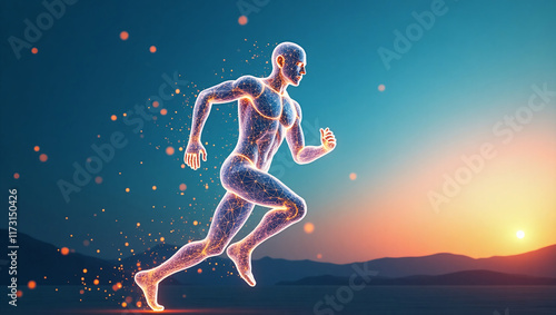 AI generative. 3d illustration low poly wireframe with triangle lines of human body. Running man with future dusk background. Set 5