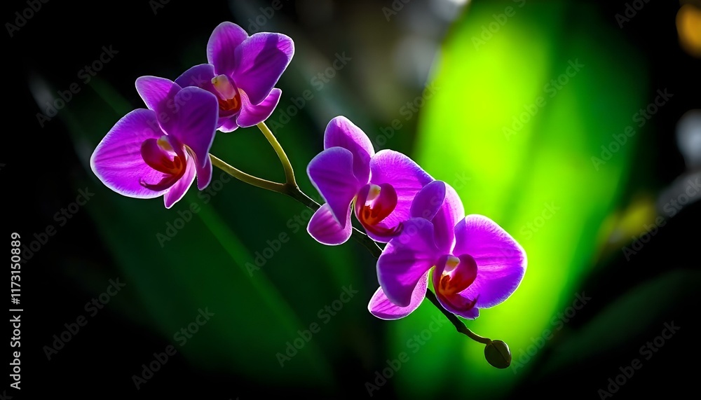 Fototapeta premium Vibrant Purple Orchids Branch Green Leaf Background Sunlight