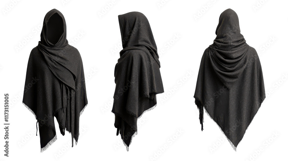 Three views of a dark, wrapped shawl designed for warmth and style, showcasing unique draping and texture against a transparent background. Three views of a dark, wrapped shawl designed for warmth and style, showcasing unique draping and texture against a transparent background.