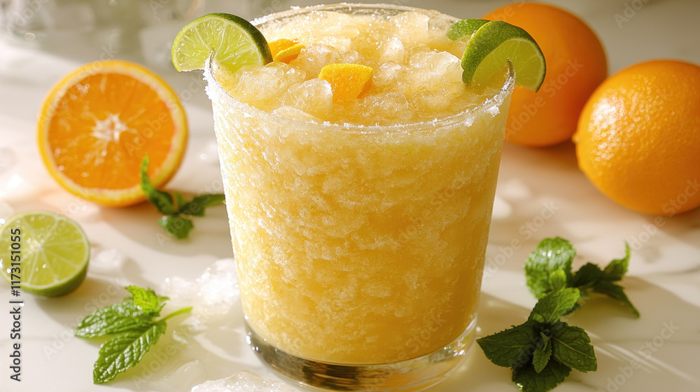 Citrus margarita with ice, lime, and orange on a sunlit kitchen counter Citrus margarita with ice, lime, and orange on a sunlit kitchen counter