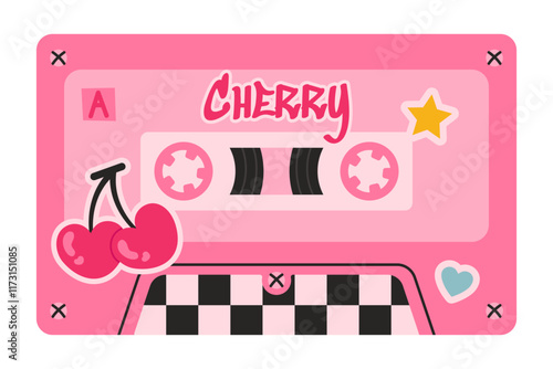 Retro pink cassette tape illustration with cherries, hearts, and stars, evoking a nostalgic 80s vibe. Perfect for Valentine's Day, romantic themes, music projects, or designs with a vintage touch.