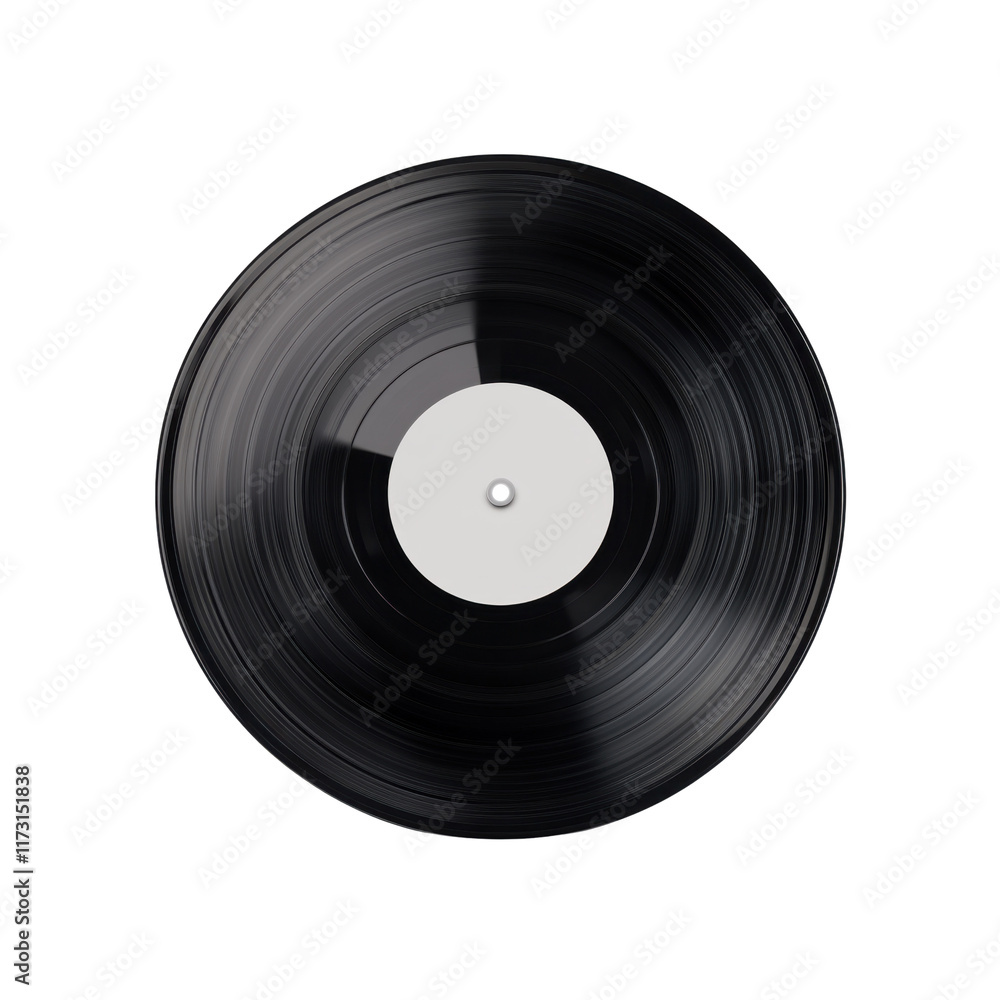 Close up of black vinyl record showing grooves and white center label in detailed view. Isolated on transparent background, png. Close up of black vinyl record showing grooves and white center label in detailed view. Isolated on transparent background, png.