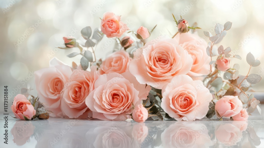Fototapeta premium Delicate peach roses in full bloom, a breathtaking bouquet. Soft light enhances their beauty.