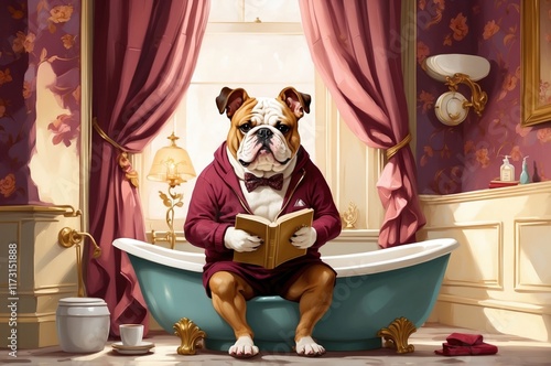 Adorable funny comic bathroom whimsical animal vintage portrait painting, nature and cozy home relaxing theme concenpt texture design.
 photo