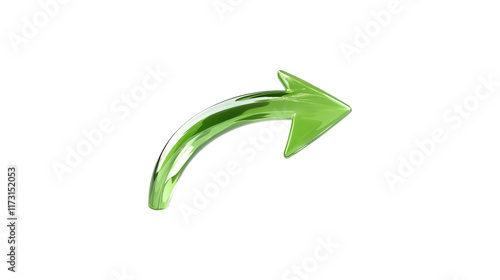 A green arrow pointing down. The arrow is made of glass and is very shiny. It is on a trasparent background	