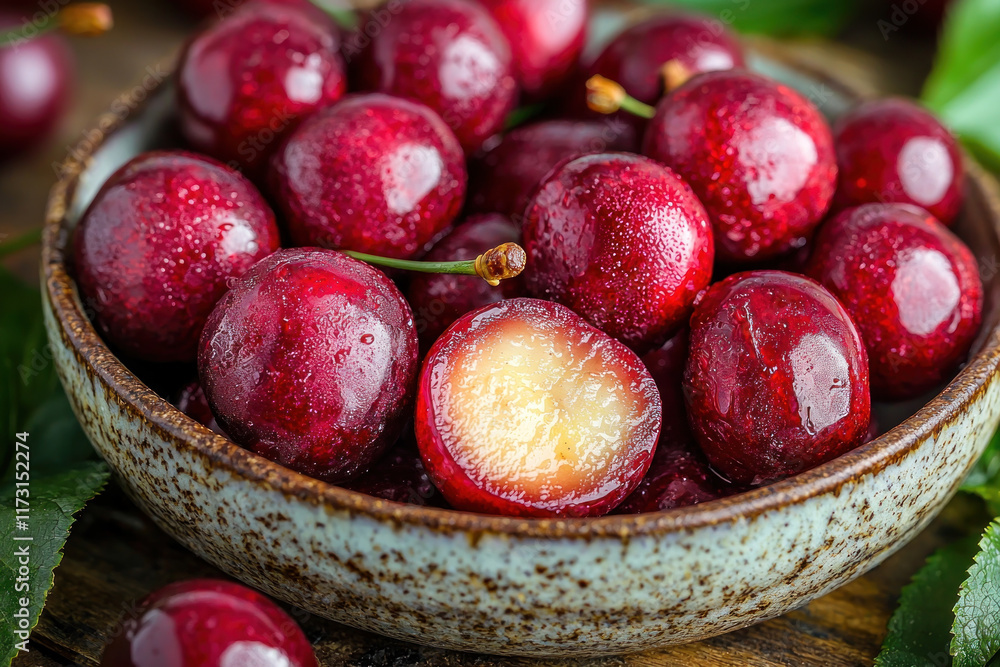 Fresh red cherries in bowl on rustic wood, leaves blurred background Fresh red cherries in bowl on rustic wood, leaves blurred background
