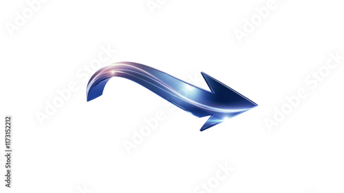 A blue arrow pointing down. The arrow is made of glass and is very shiny. It is on a trasparent background	