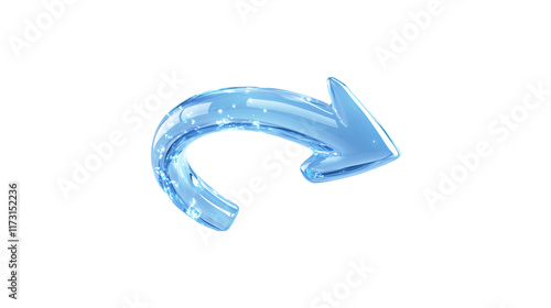 A blue arrow pointing down. The arrow is made of glass and is very shiny. It is on a trasparent background	