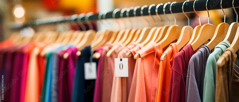 A row of colorful clothing on hangers in a retail setting. A row of colorful clothing on hangers in a retail setting.