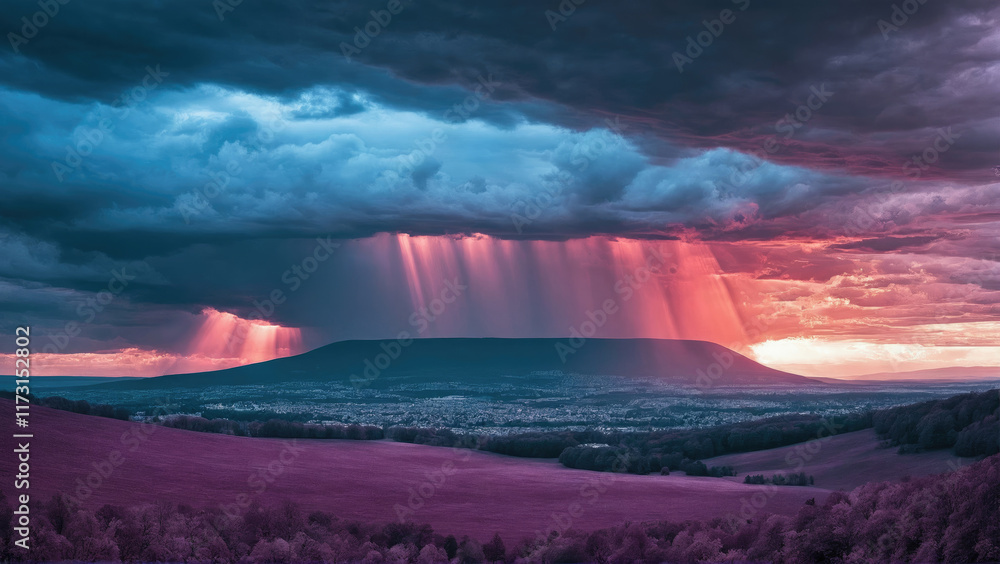 Naklejka premium Stunning sunset illuminates rain falling over a distant mountain surrounded by rolling hills and vibrant colors