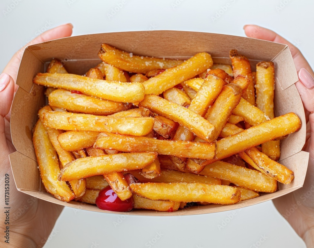 A close-up of a paper container filled with golden, crispy french fries, sprinkled with salt and a few ketchup drops. A close-up of a paper container filled with golden, crispy french fries, sprinkled with salt and a few ketchup drops.