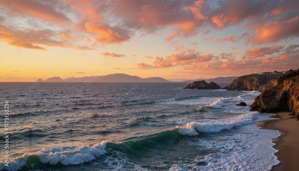 Obraz premium Serene ocean waves at sunset, nature's beauty