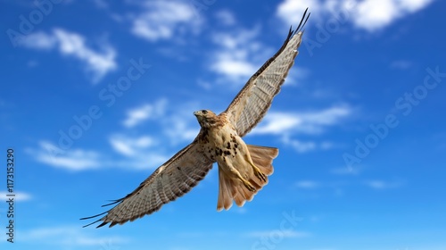 Red-tailed Hawk in flight, Red-Tailed Hawk Searching the Sky As It Flies, A close-up shot of an osprey in flight against a clear blue sky.