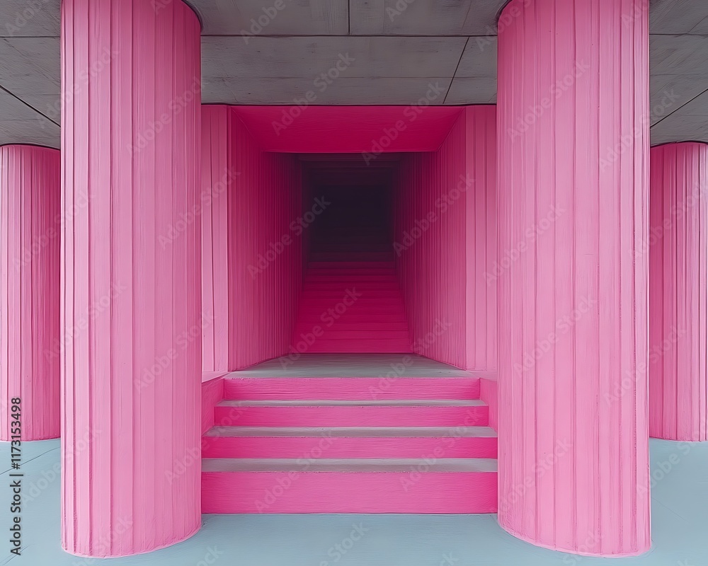 Pink columns frame stairway leading to dark tunnel. Pink columns frame stairway leading to dark tunnel.