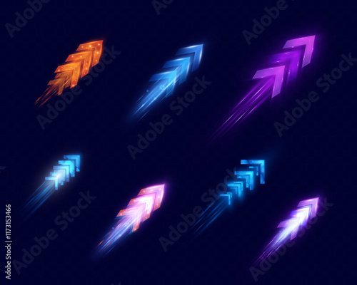 Light and speed dynamic glowing arrows on dark background, futuristic design with vibrant colors and motion effects, suitable for technology, progress, or direction concepts.
