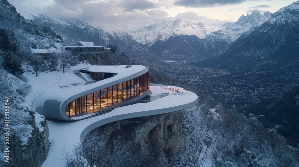 Modern mountain cabin overlooking snow-covered alpine valley at sunset Modern mountain cabin overlooking snow-covered alpine valley at sunset