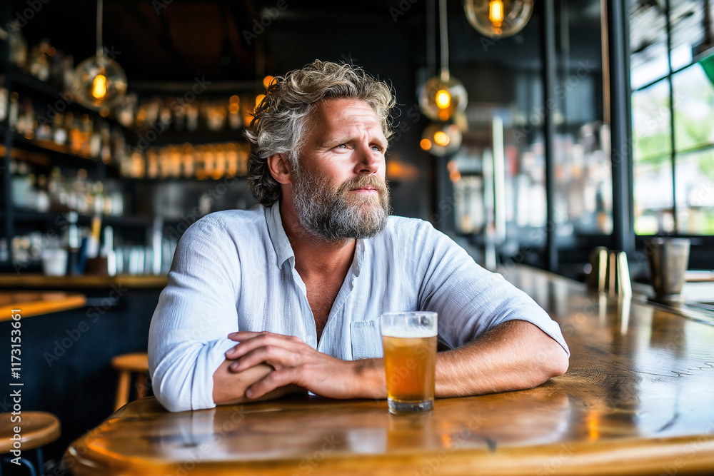 White man with beard sitting at bar, lost in thought while enjoying a drink White man with beard sitting at bar, lost in thought while enjoying a drink