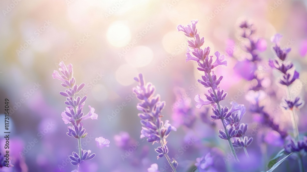 Naklejka premium A soft-focus image of blooming lavender flowers in a serene, dreamy atmosphere.