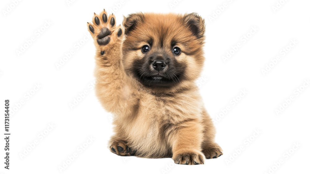 Obraz premium Cute puppy raising a paw, showcasing its playful nature in a bright setting, perfect for uplifting moments and animal lovers.