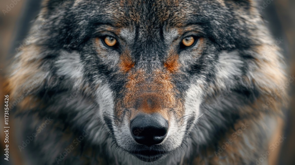 Close-up portrait of a wolf with intense amber eyes and gray fur. Close-up portrait of a wolf with intense amber eyes and gray fur.