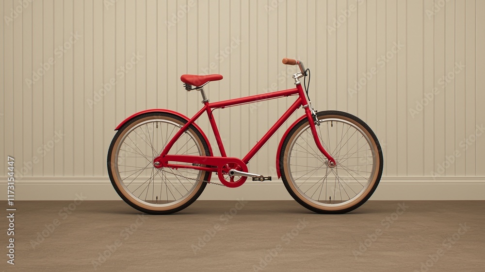 Red bicycle against a light wood panel wall. Red bicycle against a light wood panel wall.
