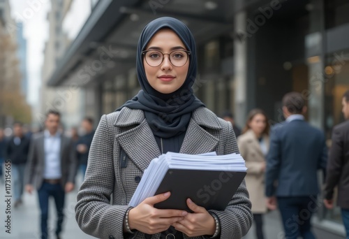 A young woman wearing a hijab and glasses, carrying documents outside a government building. photo