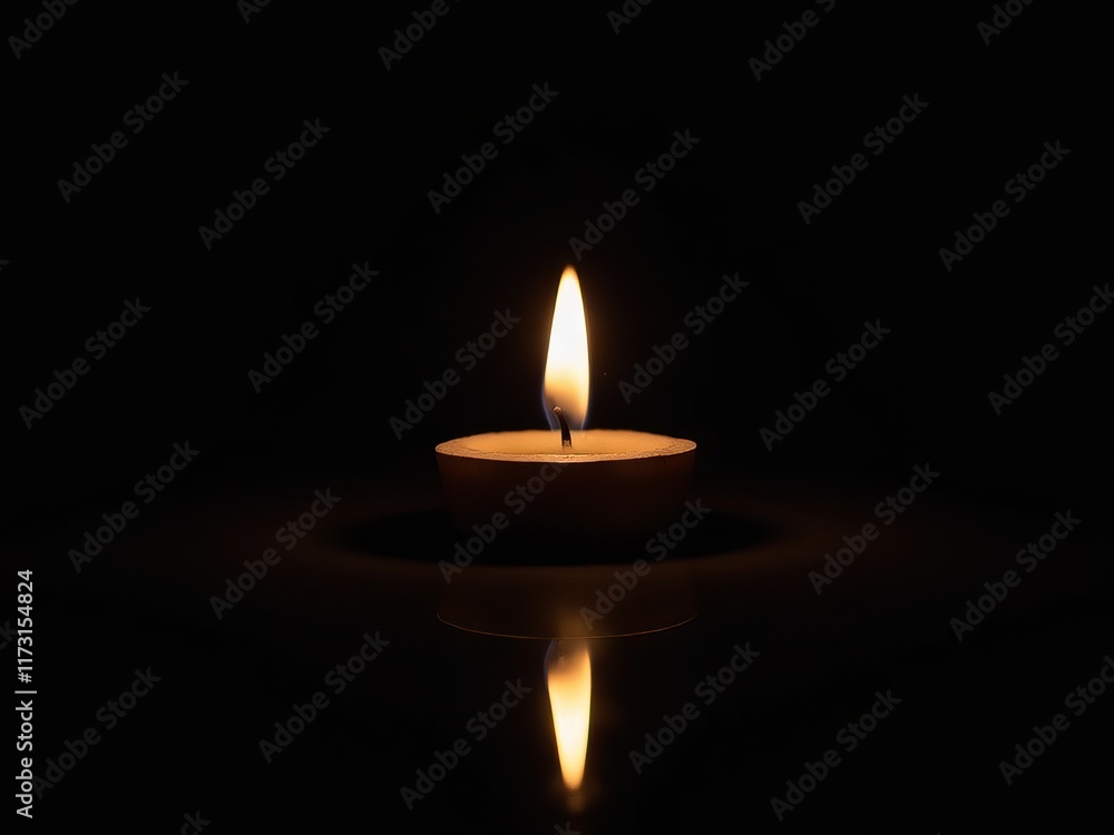 Solitary Tea Light Candle Burning with Golden Flame Against Dark Background with Mirror Reflection on Glossy Surface Solitary Tea Light Candle Burning with Golden Flame Against Dark Background with Mirror Reflection on Glossy Surface