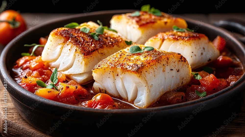 Pan-seared cod fillets in a vibrant tomato sauce, garnished with fresh thyme. Pan-seared cod fillets in a vibrant tomato sauce, garnished with fresh thyme.