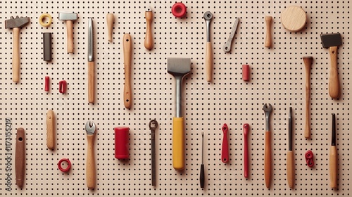 Overhead view of various hand tools neatly organized on a pegboard.