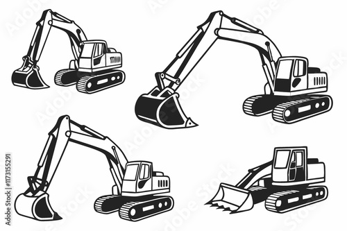 Excavator Machines: Construction Equipment Set, Black and White Vector Illustration