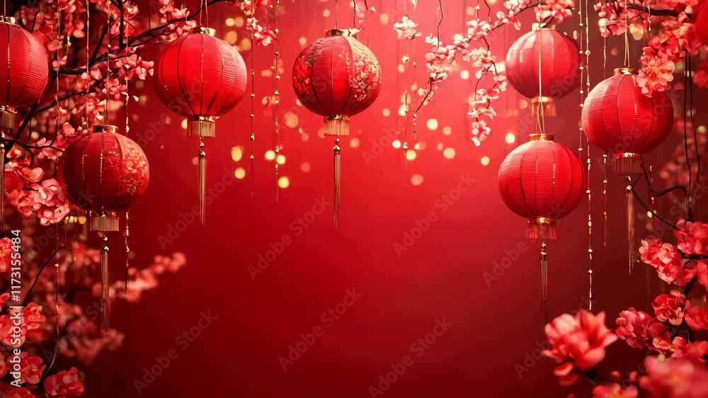Chinese New Year background with floral sakura branch and lanterns. New Year 2025 banner Chinese New Year background with floral sakura branch and lanterns. New Year 2025 banner
