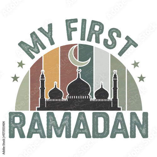 The design features the words My First Ramadan with a mosque silhouette against a backdrop photo