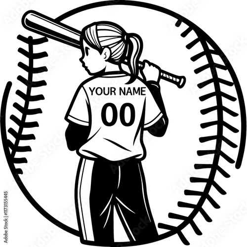 Girl Softball Player Back View, Baseball Bat, Vector Illustration