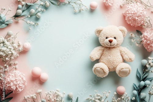 Baby Shower Invitation Teddy Bear Flowers Pastel Background